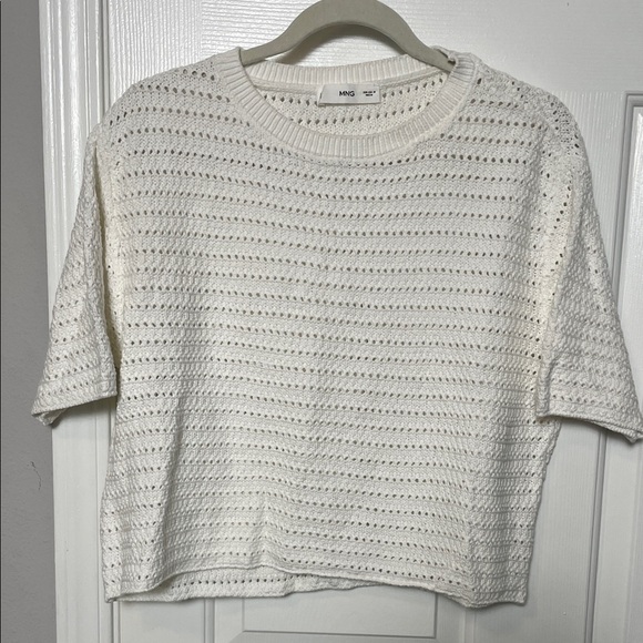 Mango MNG Women's Sweater Short Sleeve Knit Top Eyelet Crew Pullover Medium - Picture 1 of 8